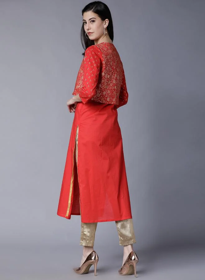 Vishudh Vishudh Red Printed Cotton Kurta with Crop Jacket for Women