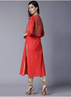 Vishudh Red Printed Cotton Kurta with Crop Jacket for Women  - Image 3