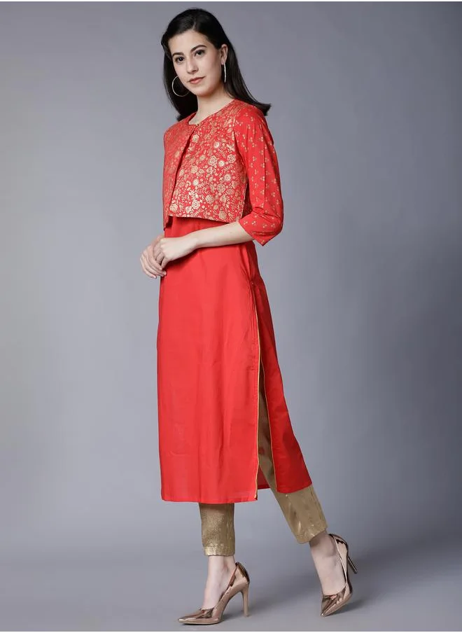 Vishudh Red Printed Cotton Kurta with Crop Jacket for Women by Styli