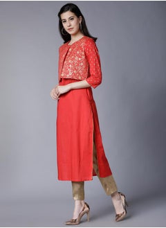 Vishudh Red Printed Cotton Kurta with Crop Jacket for Women  - Image 2
