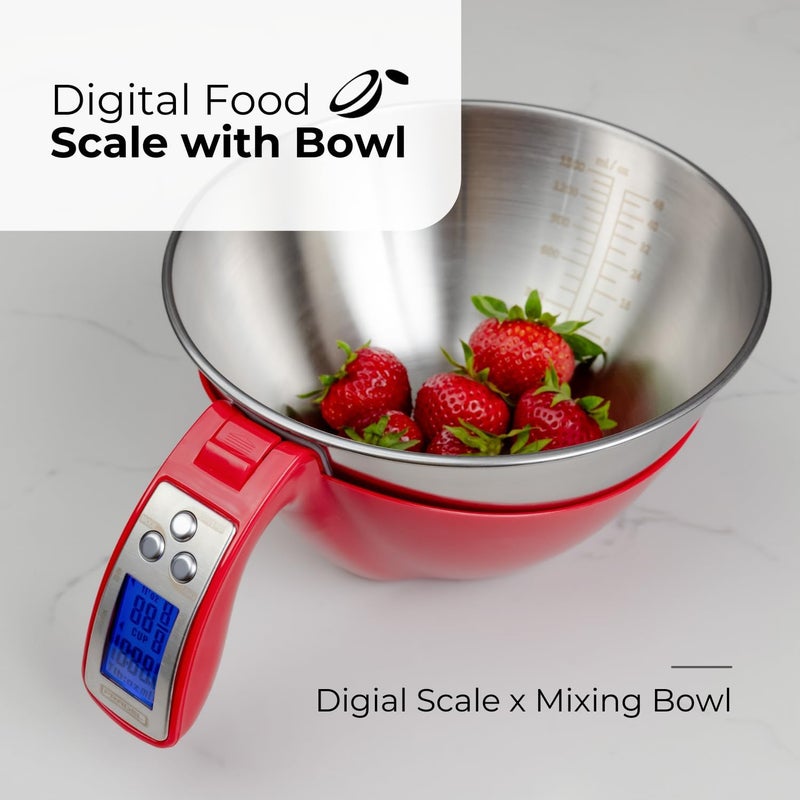 Fradel Digital Kitchen Food Scale with Bowl - 11lb, Grams & Ounces - Removable, Dishwasher-Safe Mixing Bowl - Red - Image 2