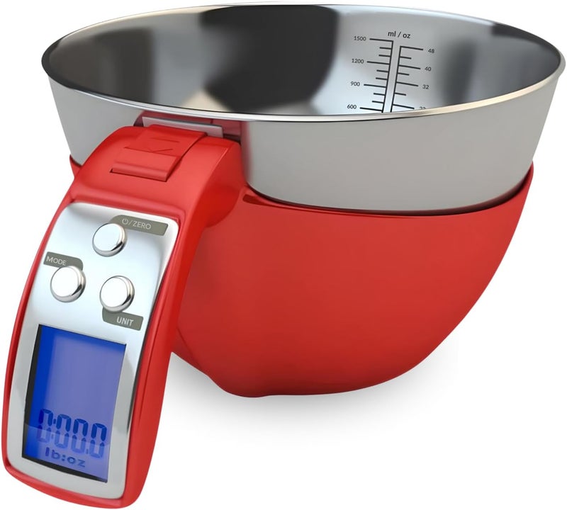 Fradel Digital Kitchen Food Scale with Bowl - 11lb, Grams & Ounces - Removable, Dishwasher-Safe Mixing Bowl - Red - Image 1