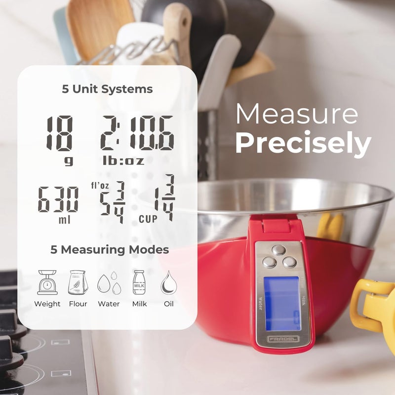 Fradel Digital Kitchen Food Scale with Bowl - 11lb, Grams & Ounces - Removable, Dishwasher-Safe Mixing Bowl - Red - Image 3