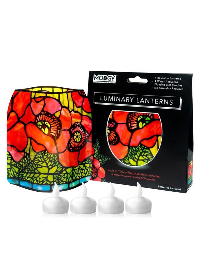 MODGY Luminary Lanterns 4-Pack - Floating LED Candles with Batteries Included - Luminaries are Great for Weddings, Parties, Patios & Celebrations of All Kinds (Louis C. Tiffany Poppies) - Image 1