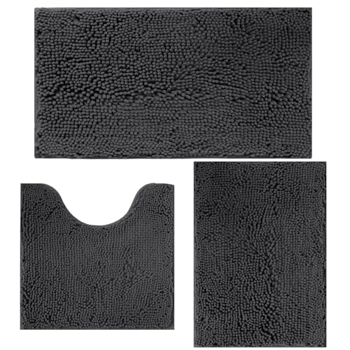 Flotstiga Bathroom Rugs Sets 3 Piece Non Slip,Bath Rugs with PVC Backing Bath Carpet,Bathroom Rug Washable,Absorbent,Plush Carpet Mats,Bath Mats for Bedroom, Kitchen,Tub,Home Decor(Dark Grey) - Image 1