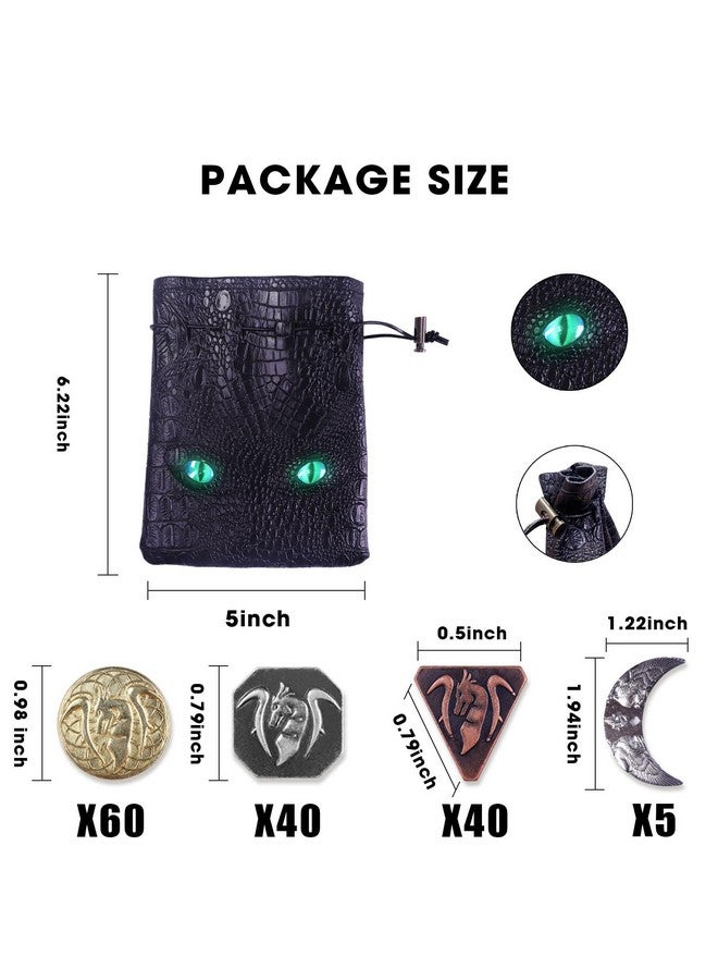 Byhoo 145Pcs Metal Dnd Coins & Leather Bag Contains 60 Gold Coins 40 Sliver Coins 40 Copper Coins And 5 Platinum Coins Tokens With Glow In The Night Eyes Bag For Rpg Tablelap Games  - Image 2