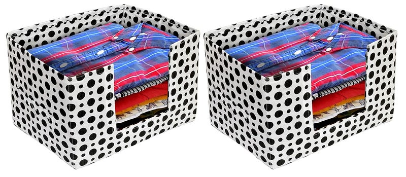 Kuber Industries Polka Dots Print 2 Pieces Large Capacity Space Saver Closet Stackable and Foldable SareeSaree Stacker Wardrobe Organizer Black White - Image 1