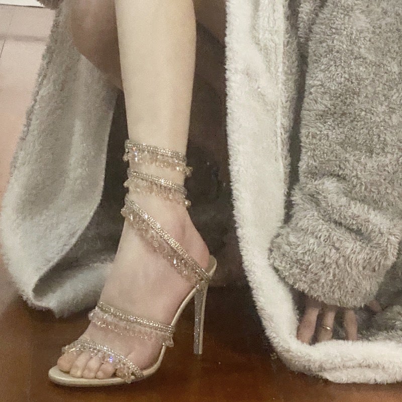 Rhinestone Snake-Shaped Winding High-Heeled Shoes For Women Summer One-Line Crystal Versatile Stiletto French Sandals - Image 3