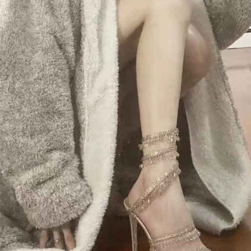 Rhinestone Snake-Shaped Winding High-Heeled Shoes For Women Summer One-Line Crystal Versatile Stiletto French Sandals - Image 1