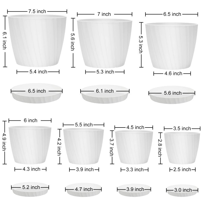 YNNICO 7 pcs Plant Pots with Drainage Holes and Saucers, Indoor Planters, Set of 7 (7.5, 7, 6.5, 6, 5.5, 4.5, 3.5 Inches), White - Image 5