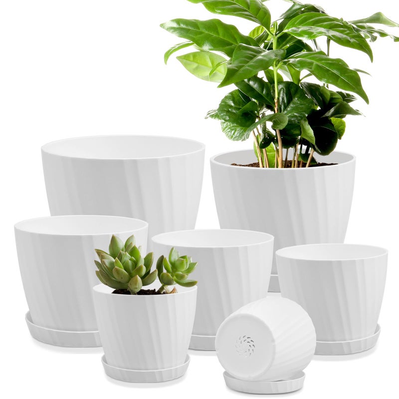 YNNICO 7 pcs Plant Pots with Drainage Holes and Saucers, Indoor Planters, Set of 7 (7.5, 7, 6.5, 6, 5.5, 4.5, 3.5 Inches), White - Image 1