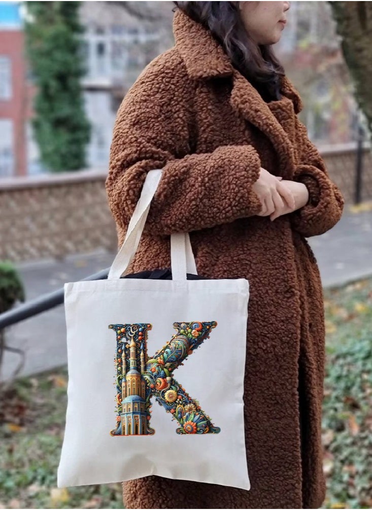 PRINTSHOP4ME Initial Monogram Tote Bag - Cotton Tote with Initial Design Printed - Perfect for School, Travel and Birthday Gift - Eco-Friendly Canvas Cotton Tote Bag for Women - Gift for Ramadan  - Image 5