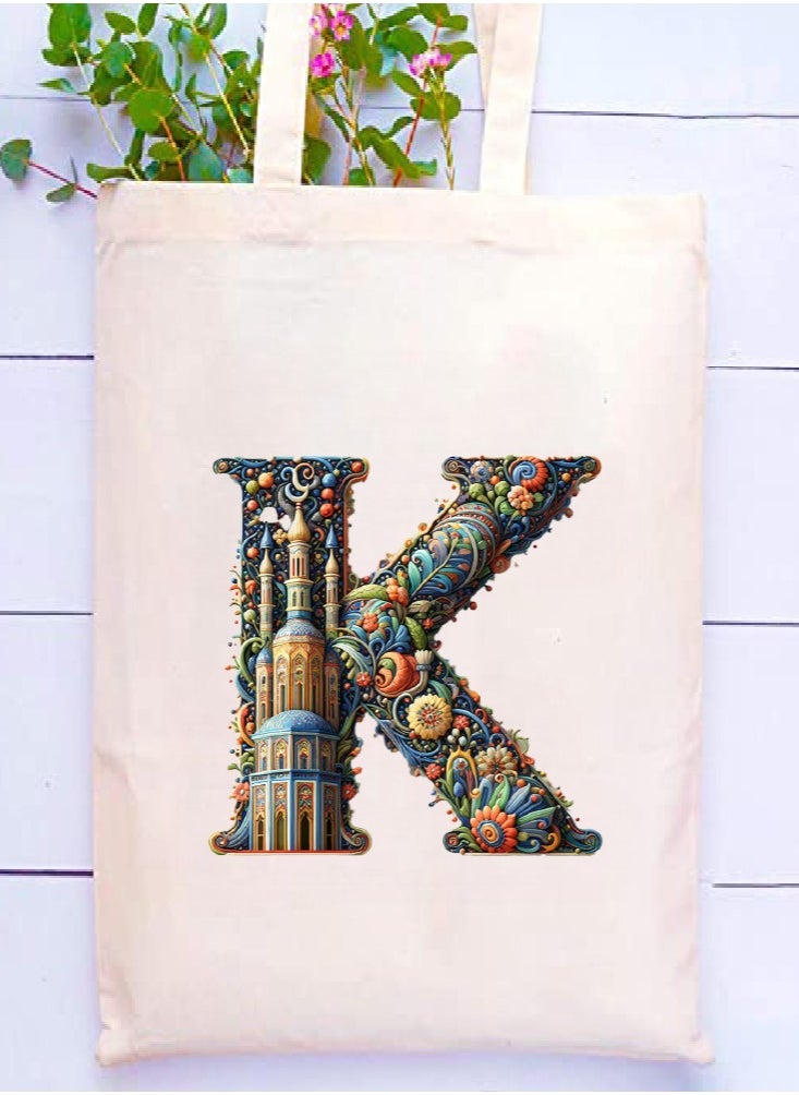 PRINTSHOP4ME Initial Monogram Tote Bag - Cotton Tote with Initial Design Printed - Perfect for School, Travel and Birthday Gift - Eco-Friendly Canvas Cotton Tote Bag for Women - Gift for Ramadan  - Image 2