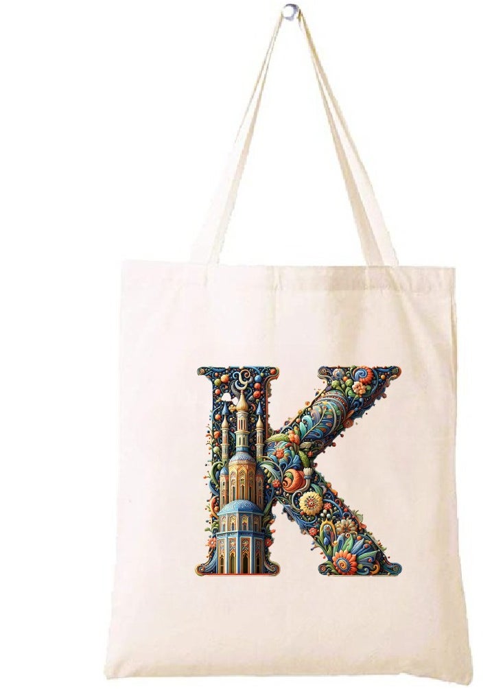 PRINTSHOP4ME Initial Monogram Tote Bag - Cotton Tote with Initial Design Printed - Perfect for School, Travel and Birthday Gift - Eco-Friendly Canvas Cotton Tote Bag for Women - Gift for Ramadan  - Image 1