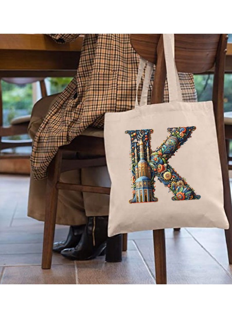 PRINTSHOP4ME Initial Monogram Tote Bag - Cotton Tote with Initial Design Printed - Perfect for School, Travel and Birthday Gift - Eco-Friendly Canvas Cotton Tote Bag for Women - Gift for Ramadan  - Image 3