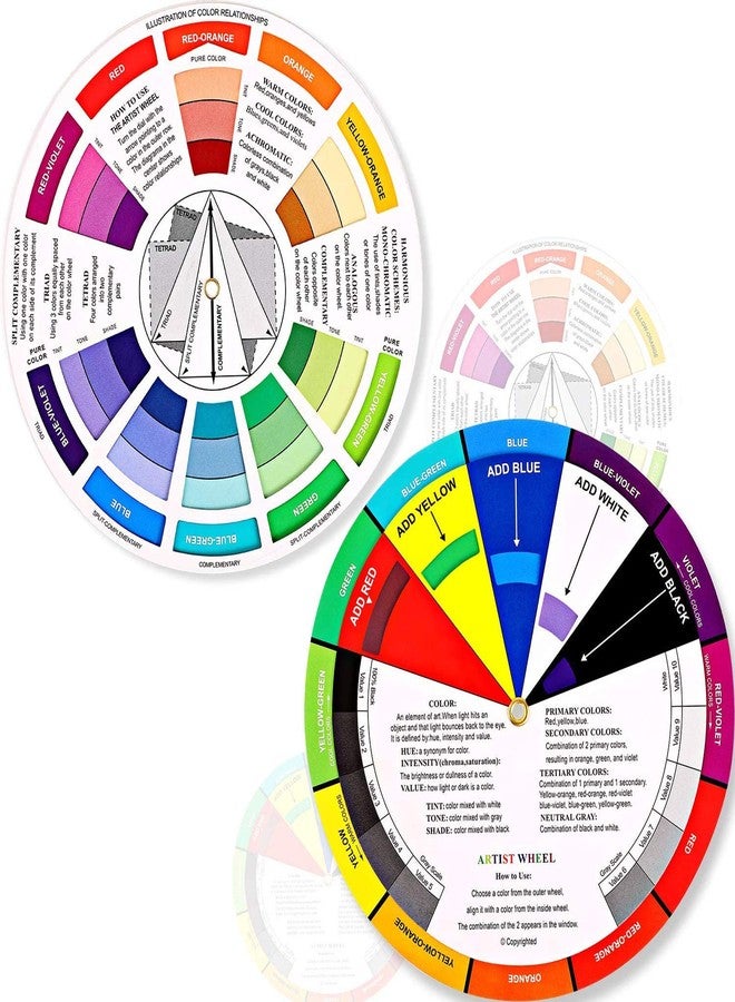 Outus 2 Pieces Color Wheel, Paint Mixing Learning Guide Art Class Teaching Tool Color Wheels For Makeup Blending Board Chart Color Mixed Guide Mix Colours, Multicolor - Image 1