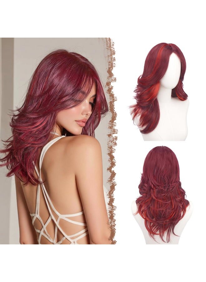 FESHFEN Red Mixed Layered Wigs with Curtain Fringe, 22 Inch Long Middle Parting Curly Wig for Women Synthetic Heat Resistant Hair Wig Daily Party Cosplay Wear - Image 1