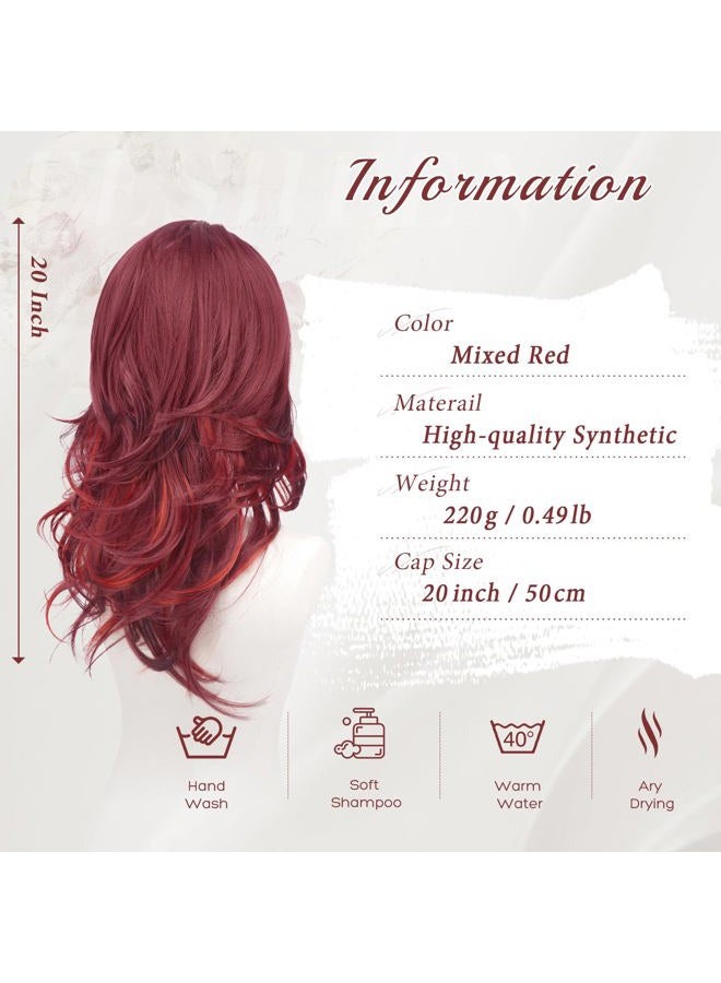 FESHFEN Red Mixed Layered Wigs with Curtain Fringe, 22 Inch Long Middle Parting Curly Wig for Women Synthetic Heat Resistant Hair Wig Daily Party Cosplay Wear - Image 3