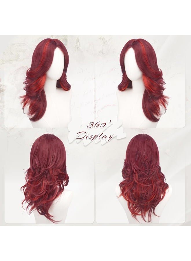 FESHFEN Red Mixed Layered Wigs with Curtain Fringe, 22 Inch Long Middle Parting Curly Wig for Women Synthetic Heat Resistant Hair Wig Daily Party Cosplay Wear - Image 2