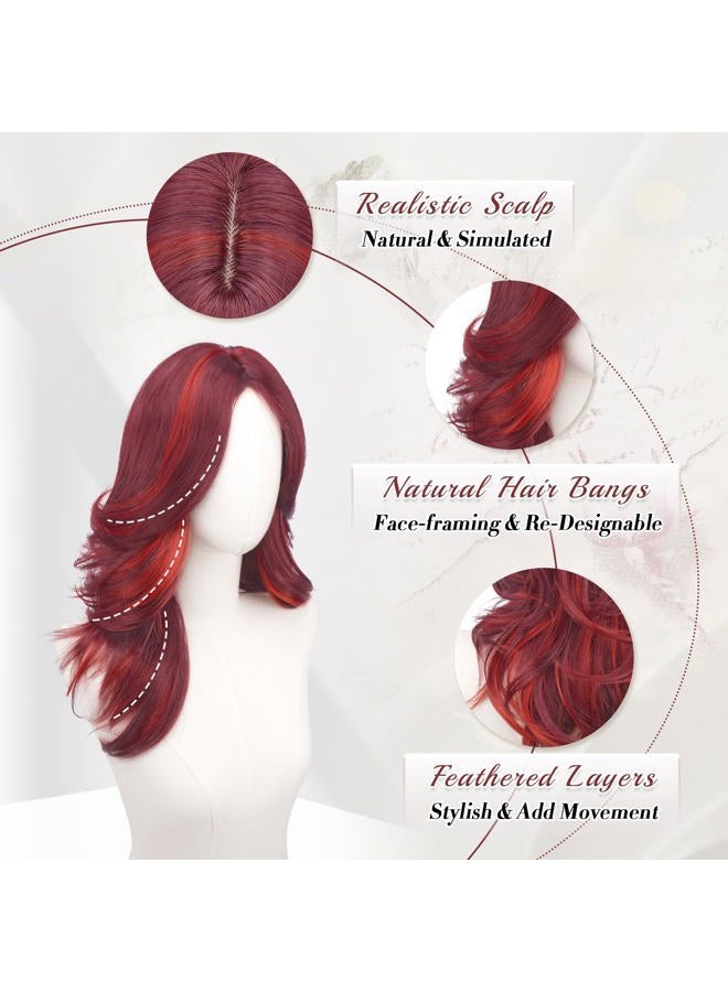 FESHFEN Red Mixed Layered Wigs with Curtain Fringe, 22 Inch Long Middle Parting Curly Wig for Women Synthetic Heat Resistant Hair Wig Daily Party Cosplay Wear - Image 4