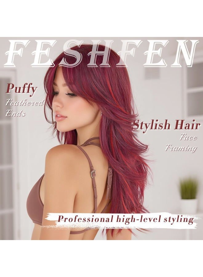 FESHFEN Red Mixed Layered Wigs with Curtain Fringe, 22 Inch Long Middle Parting Curly Wig for Women Synthetic Heat Resistant Hair Wig Daily Party Cosplay Wear - Image 5