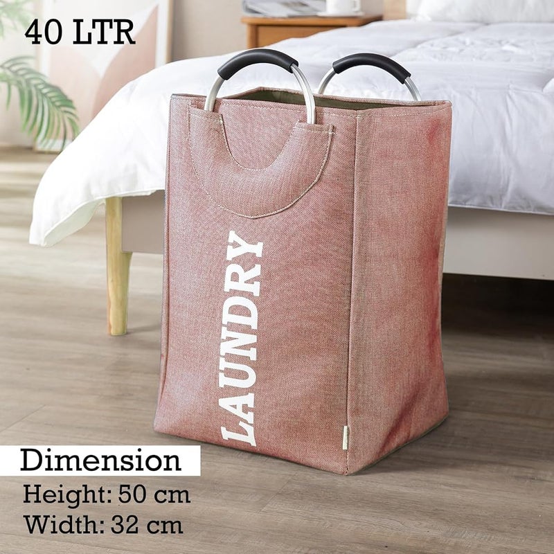 GOGO Laundry Basket Foldable Laundry Basket with Handle Large Capacity Dirty Clothes Basket Storage Bag Waterproof Home Laundry Organizer Hamp 32x25x50Cm - Pink - Image 5