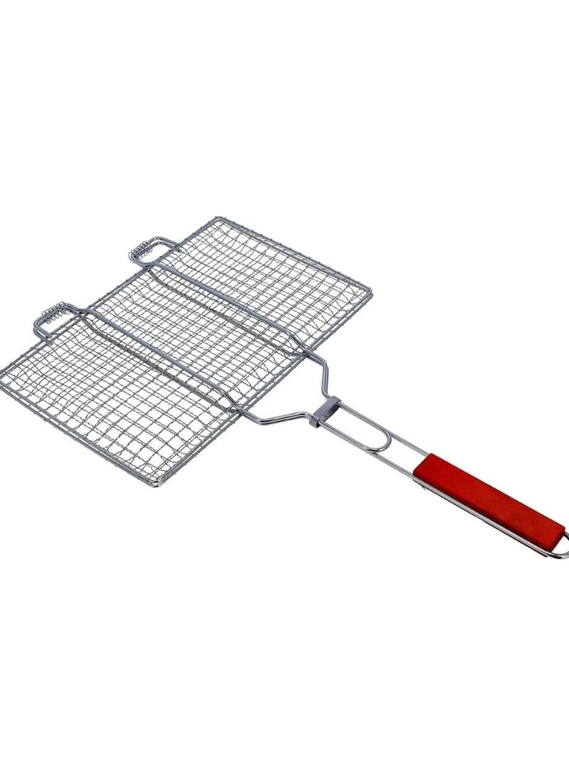 TEWEIJIA Portable Grill Basket with Wooden Handle for BBQ | Chromium Plated Barbecue Grilling Tray for Fish, Vegetables, Shrimp, Steak & Pork Chops | Non-Stick BBQ Grill Net with Wooden Handle for Outdoor Cook  - Image 1