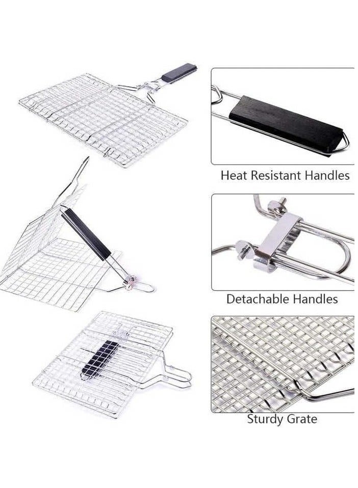 TEWEIJIA Portable Grill Basket with Wooden Handle for BBQ | Chromium Plated Barbecue Grilling Tray for Fish, Vegetables, Shrimp, Steak & Pork Chops | Non-Stick BBQ Grill Net with Wooden Handle for Outdoor Cook  - Image 2