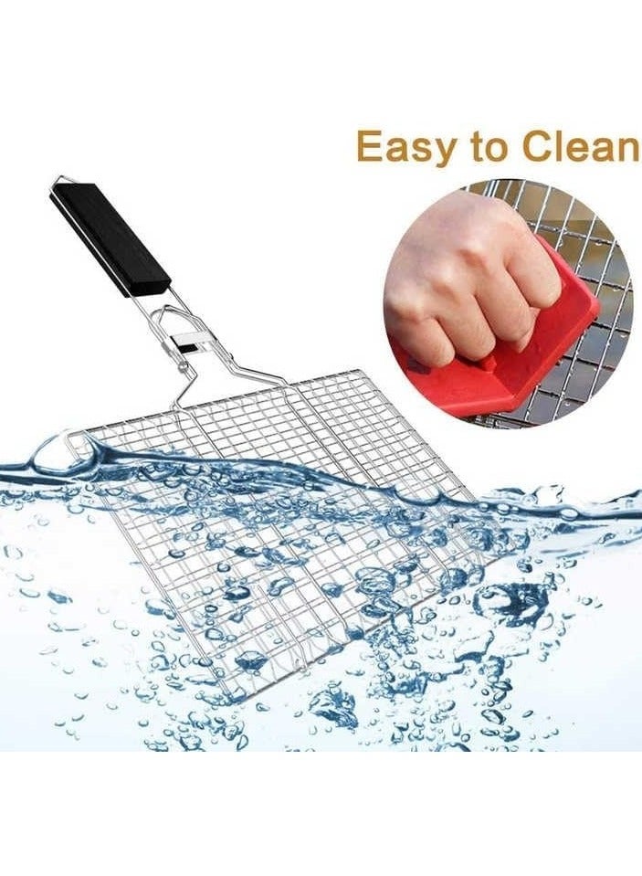 TEWEIJIA Portable Grill Basket with Wooden Handle for BBQ | Chromium Plated Barbecue Grilling Tray for Fish, Vegetables, Shrimp, Steak & Pork Chops | Non-Stick BBQ Grill Net with Wooden Handle for Outdoor Cook  - Image 3