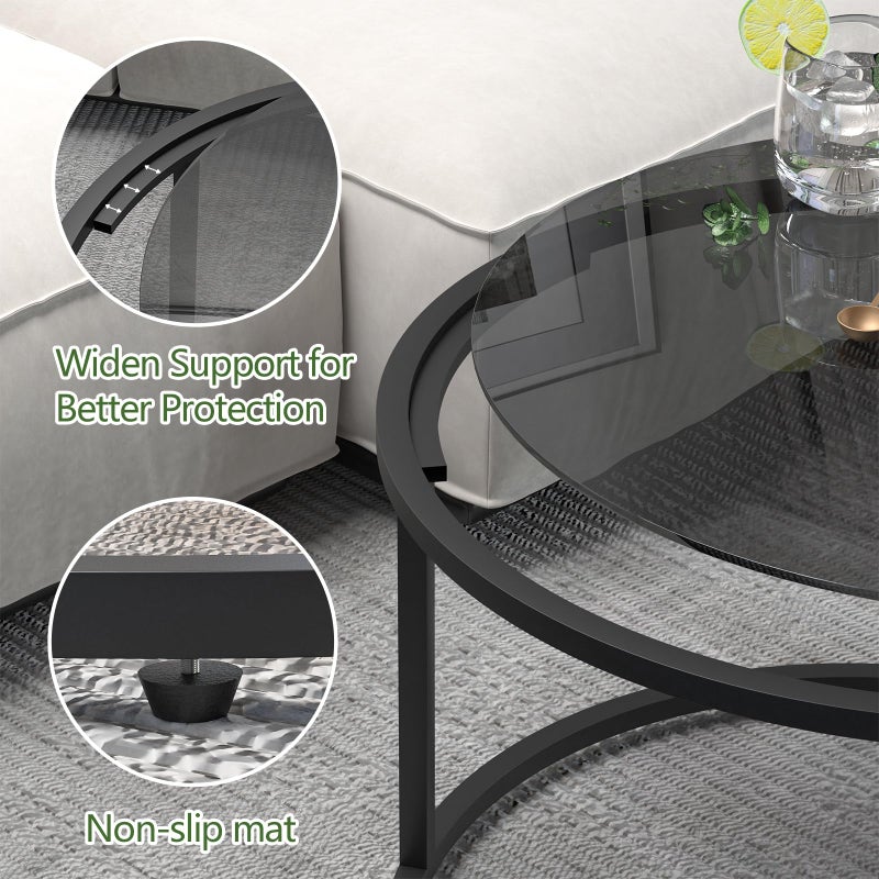 Easy Paws Glass Coffee Table Modern Center Table,Minimalist Round Coffee Tea Table,Tempered Glass-top with Sturdy Metal Frame for Living Room Bedroom Office and Small Space, 27 x 27 x 17 Inch,Gray Black - Image 3