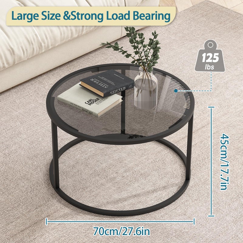 Easy Paws Glass Coffee Table Modern Center Table,Minimalist Round Coffee Tea Table,Tempered Glass-top with Sturdy Metal Frame for Living Room Bedroom Office and Small Space, 27 x 27 x 17 Inch,Gray Black - Image 2