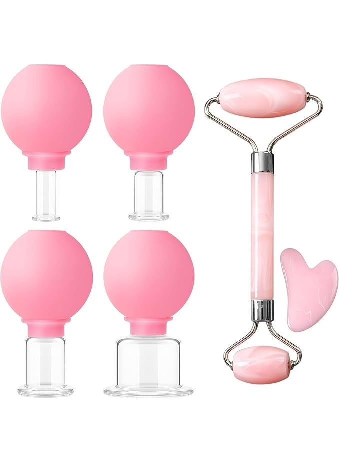 6-Piece Premium Real Glass Cupping & Facial Set – Vacuum Massage Cups with Silicone Bulbs – Includes Face Roller & Fascia Scraper – Professional Kit for Skin Stimulation & Firming - Image 1