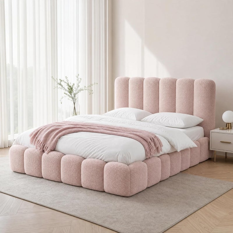 Cloud Upholstered Bed Frame, Teddy Fleece Modern Soft Boucle Platform Bed with Vertical Channel Headboard - Light Pink, Super King (200x200cm with Medical Mattress) - Image 1