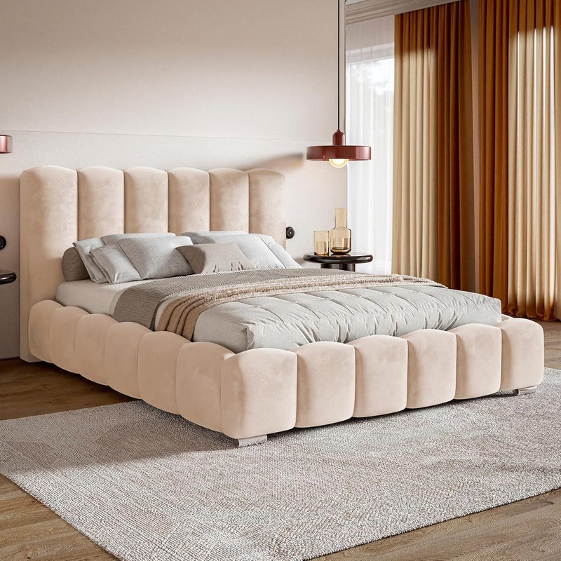 Cloud Upholstered Bed Frame, Teddy Fleece Modern Soft Boucle Platform Bed with Vertical Channel Headboard - Light Pink, Super King (200x200cm with Medical Mattress) - Image 3