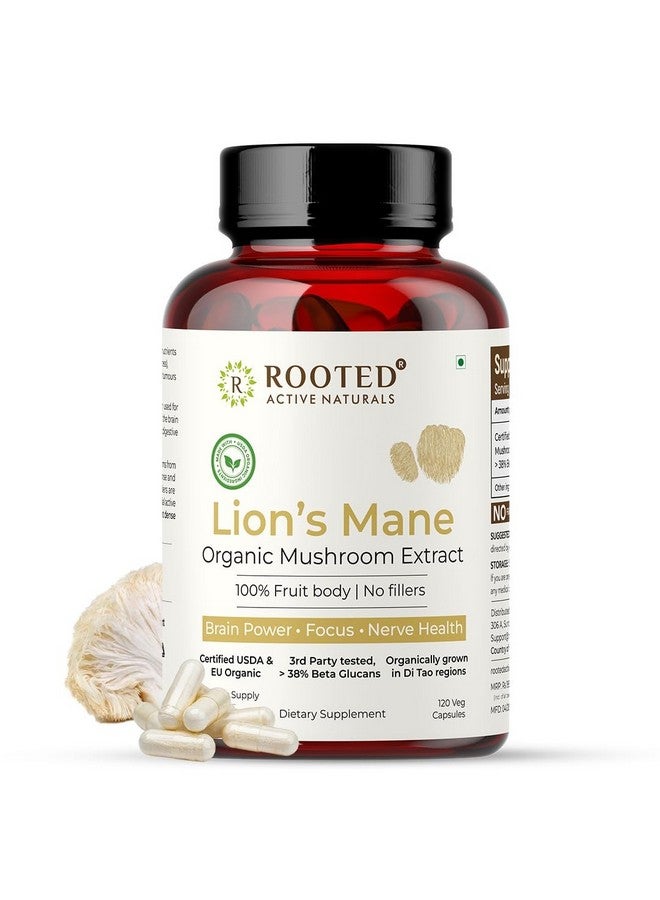 Rooted USDA Organic Lions Mane Mushroom Extract Capsules, 38% Beta Glucan (120 Caps) - Image 1