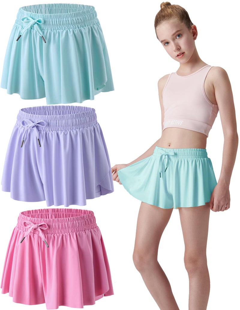 Liberty Pro 3 Pack Girls Flowy Shorts with Spandex Liner 2-in-1 Youth Butterfly Skirts for Fitness, Running, Sports (Set 17, Medium) - Image 1