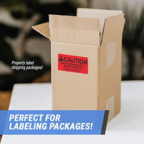 OfficeSmartLabels Caution When Opening with Sharp Object Labels (4 x 2 inch, Red - 300 Labels) International Instruction Warning Labels with Strong Adhesive - Image 3