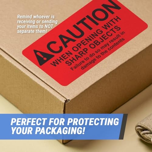 OfficeSmartLabels Caution When Opening with Sharp Object Labels (4 x 2 inch, Red - 300 Labels) International Instruction Warning Labels with Strong Adhesive - Image 4