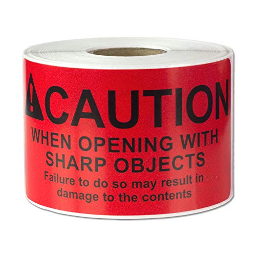 OfficeSmartLabels Caution When Opening with Sharp Object Labels (4 x 2 inch, Red - 300 Labels) International Instruction Warning Labels with Strong Adhesive - Image 1