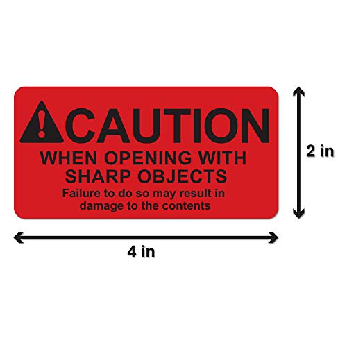 OfficeSmartLabels Caution When Opening with Sharp Object Labels (4 x 2 inch, Red - 300 Labels) International Instruction Warning Labels with Strong Adhesive - Image 2
