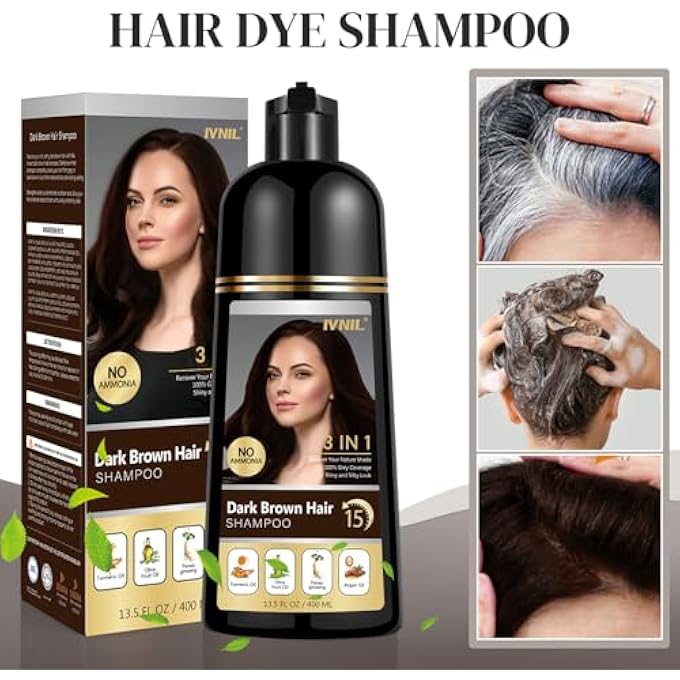 Ivnil DARK BROWN HAIR DYE SHAMPOO FOR GRAY HAIR COVERAGE HERBAL HAIR COLOR SHAMPOO 3 IN 1 PERMANENT SHAMPOO PARA CANAS CHAMPU CON TINTE FOR WOMEN AND MEN - AMMONIA FREE, INSTANT RESULT - 400ML - Image 3