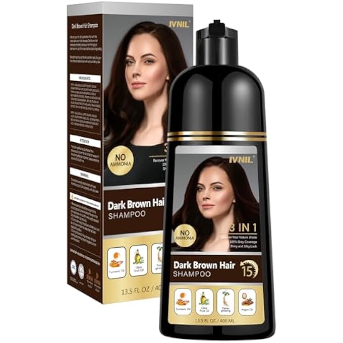 Ivnil DARK BROWN HAIR DYE SHAMPOO FOR GRAY HAIR COVERAGE HERBAL HAIR COLOR SHAMPOO 3 IN 1 PERMANENT SHAMPOO PARA CANAS CHAMPU CON TINTE FOR WOMEN AND MEN - AMMONIA FREE, INSTANT RESULT - 400ML - Image 1