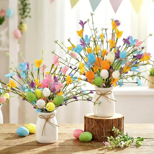 Nitial 2 Pcs Easter Picks and Vase Berry Picks Branches Spring Artificial Flower Arrangement with Colorful Eggs Berries and Flowers Stem for Easter Vase Gifts Party Home Table Decorations - Image 1