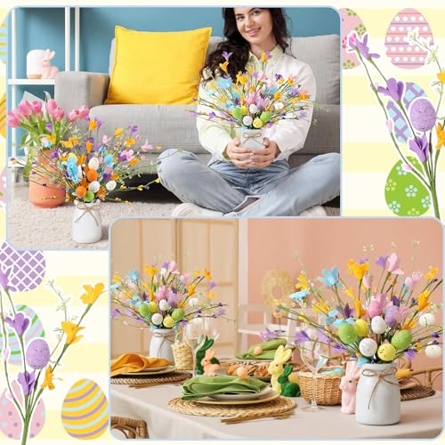 Nitial 2 Pcs Easter Picks and Vase Berry Picks Branches Spring Artificial Flower Arrangement with Colorful Eggs Berries and Flowers Stem for Easter Vase Gifts Party Home Table Decorations - Image 5