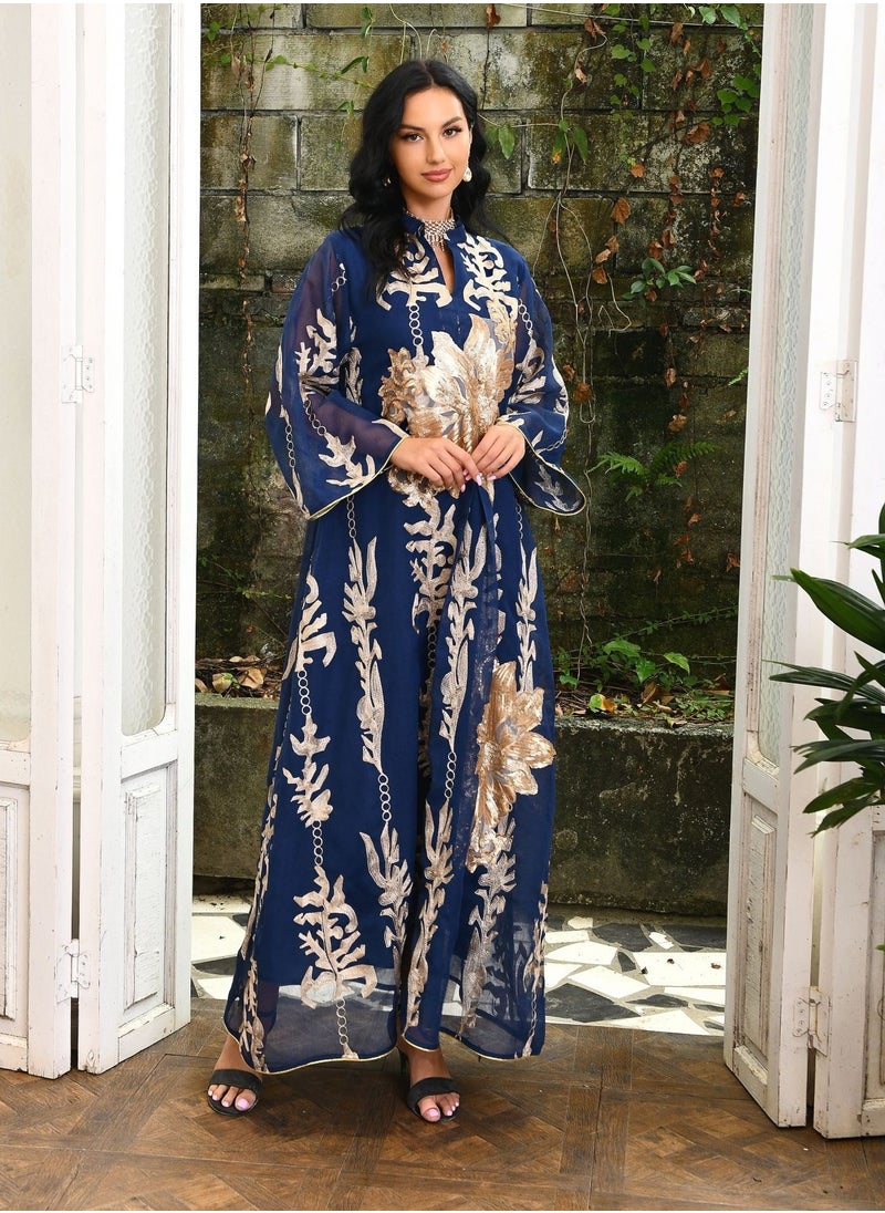 Best Gift Fashion - Best Gift Embroidered Abaya Dress For Women Moroccan Kaftan Turkey Arabic Jalabiya White Islamic Ethnic Robe Eid Ramadan Blue Color - Image 1