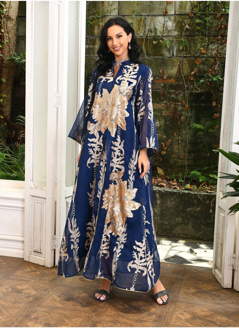 Best Gift Fashion - Best Gift Embroidered Abaya Dress For Women Moroccan Kaftan Turkey Arabic Jalabiya White Islamic Ethnic Robe Eid Ramadan Blue Color - Image 1