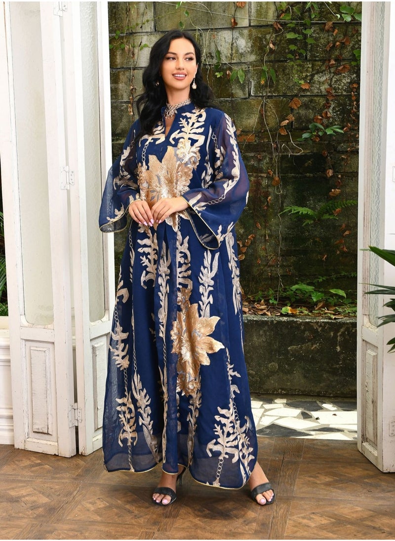 Best Gift Fashion - Best Gift Embroidered Abaya Dress For Women Moroccan Kaftan Turkey Arabic Jalabiya White Islamic Ethnic Robe Eid Ramadan Blue Color - Image 1
