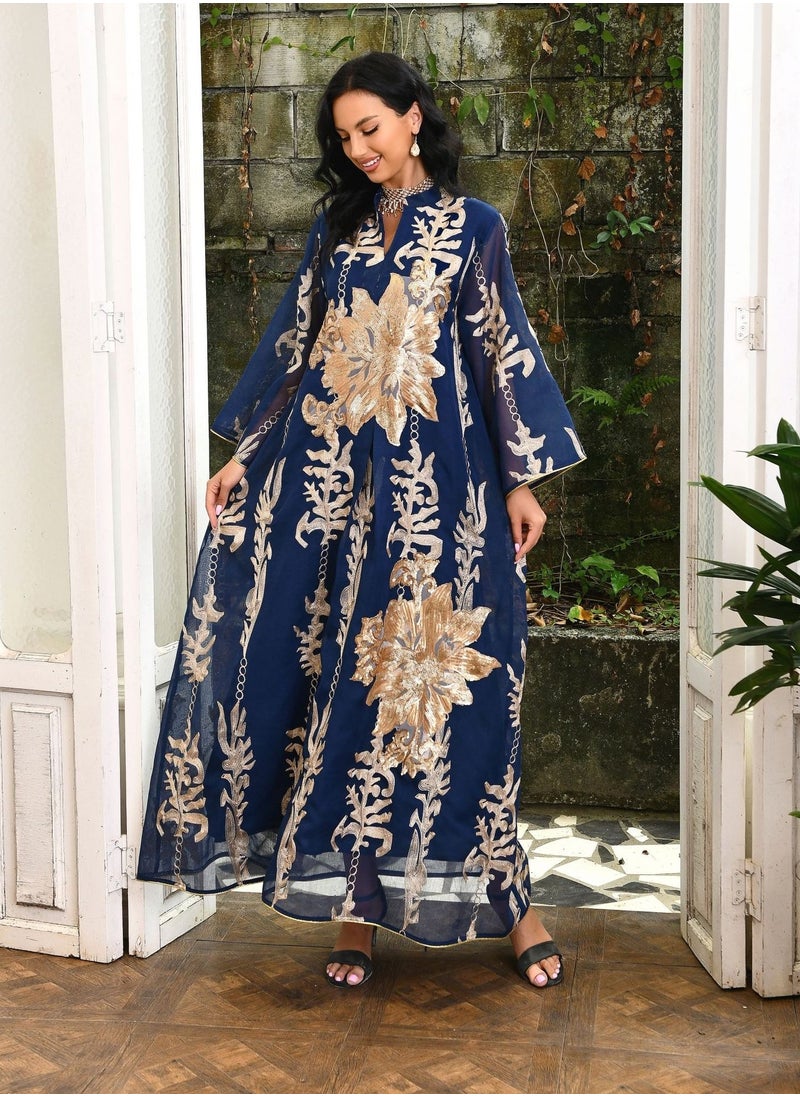 Best Gift Fashion - Best Gift Embroidered Abaya Dress For Women Moroccan Kaftan Turkey Arabic Jalabiya White Islamic Ethnic Robe Eid Ramadan Blue Color - Image 1