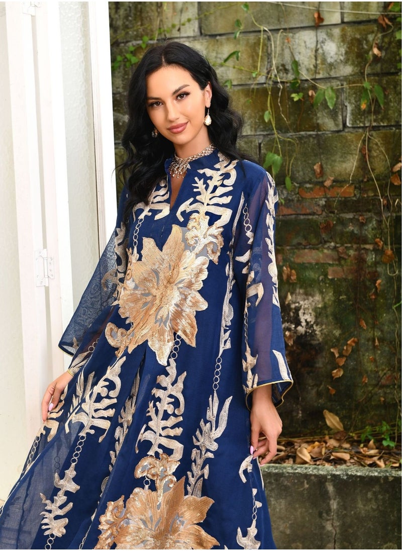 Best Gift Fashion - Best Gift Embroidered Abaya Dress For Women Moroccan Kaftan Turkey Arabic Jalabiya White Islamic Ethnic Robe Eid Ramadan Blue Color - Image 1