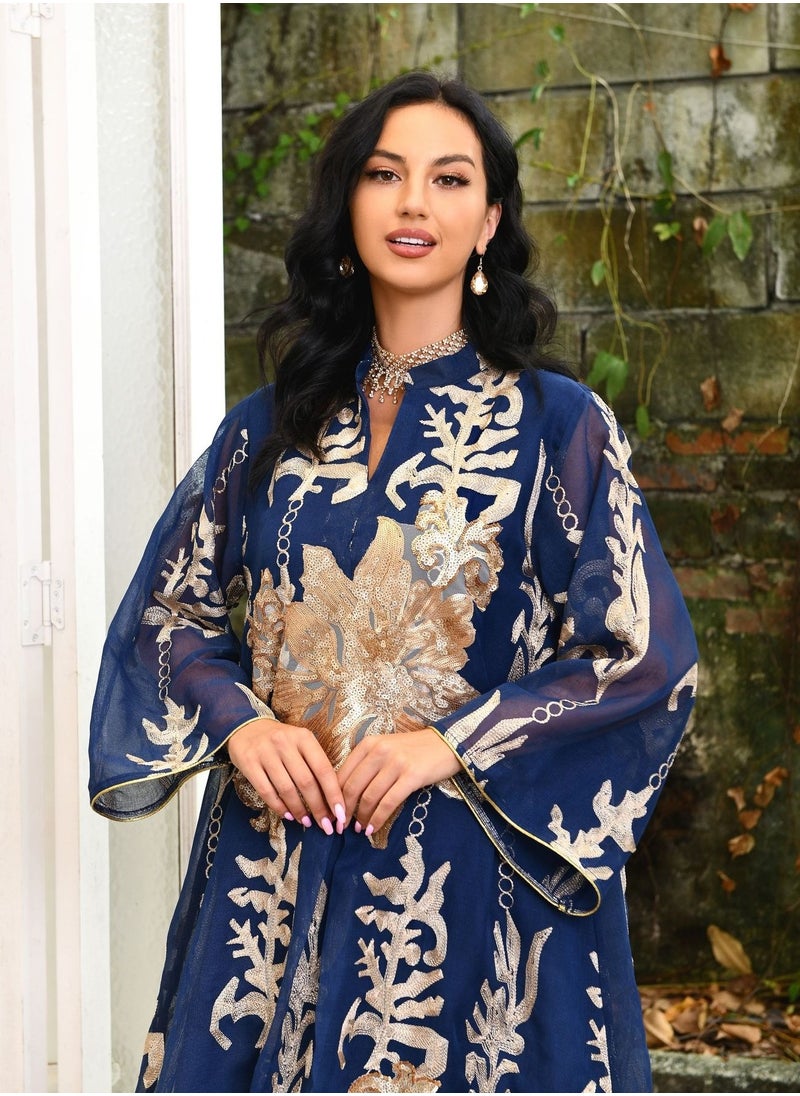 Best Gift Fashion - Best Gift Embroidered Abaya Dress For Women Moroccan Kaftan Turkey Arabic Jalabiya White Islamic Ethnic Robe Eid Ramadan Blue Color - Image 1